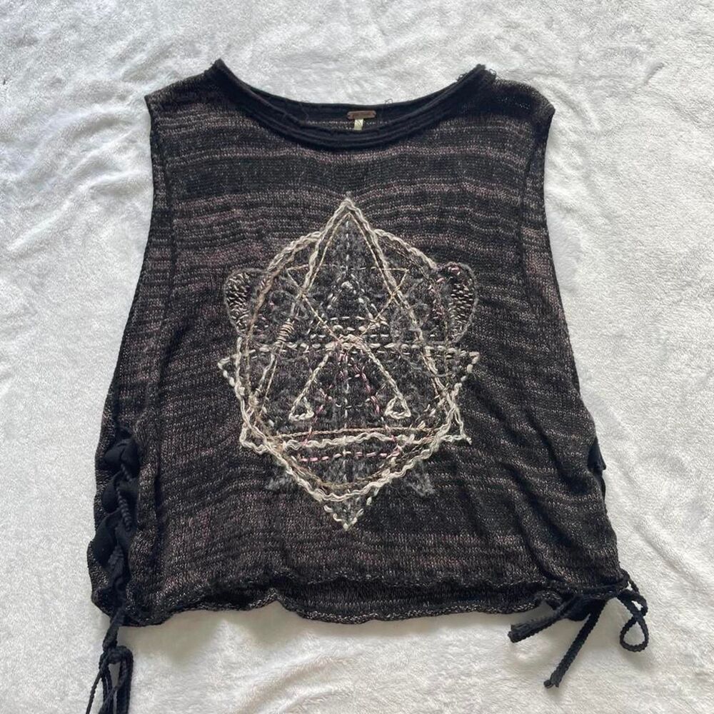 Free People Linen Wool Embroidered Crop Tank Top Women's S Boho Festival Alt